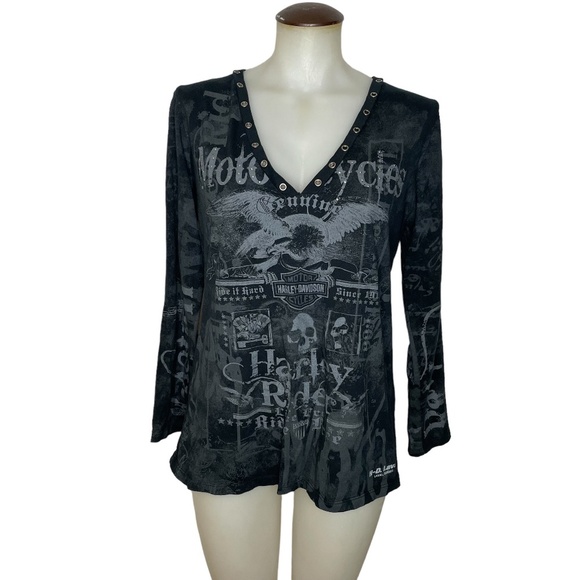 Harly Davidson Tops - HARLEY Davidson Long Sleeve Grey and Black Top